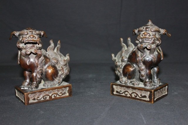Pair of Chinese Antique Bronze Foo Dogs: Height: 6"