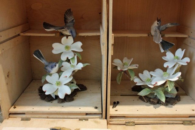 Pair Royal Worcester Dorothy Doughty Birds: Blue-Grey Gnat Catchers Height 12 inches Height 11 inches in original wood box