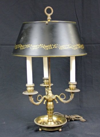 French Brass Boulliotte Lamp w/ Tole Shade: Height: 48"