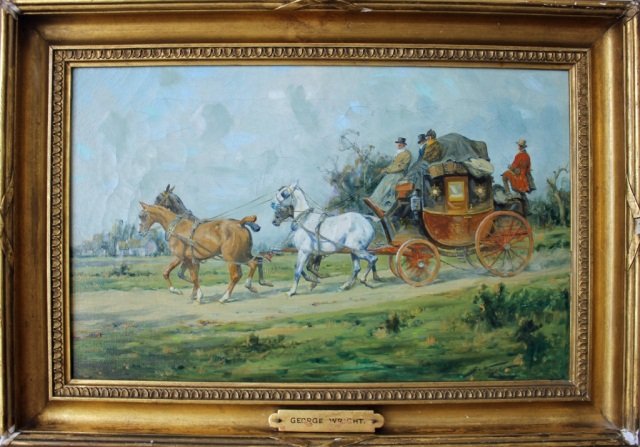 Oil on Canvas - Coaching Scene: Signed George Wright. 10" x 16"