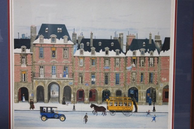 Lithograph -French Scene signed "Michel Delacroix": VI/C Horse pulling bus 20" x 23.5"