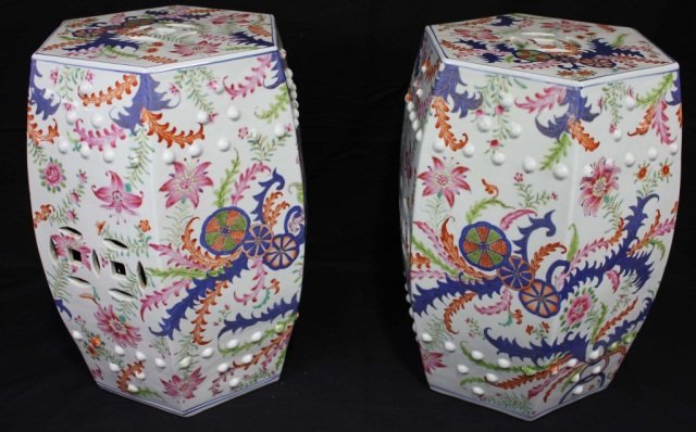 Pair of Tobacco Leaf Garden Stools: Height 18.5 inches Width 7.5 inches