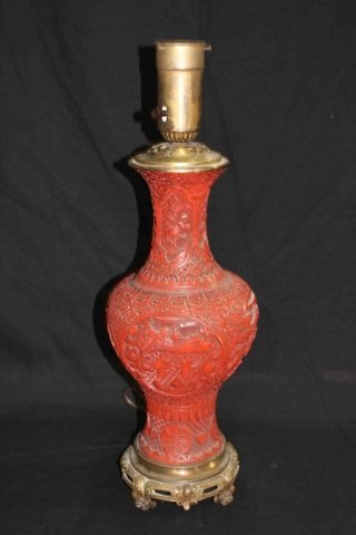 Chinese Cinnabar Lamp: Height 20 inches