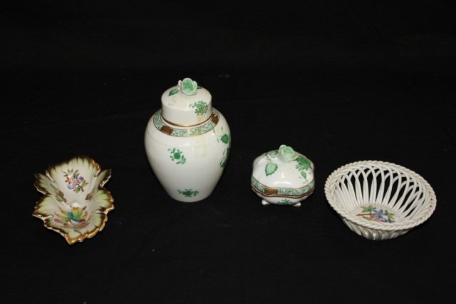 4 Assorted Herend Articles: Ginger Jar ( Green Peony) Height 5.5 inches with lid Covered Pill Box (Green Peony) Dish (Queen Victoria) Candy Dish (Queen Victoria)