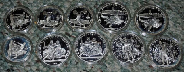 10 Russian XXII Olympics Silver Coins: 6 10 Rouble, 2 with boxing, 2 with judo, and 2 with kettle bell lift;4 5 Rouble, 2 with weight lifter and 2 with hammer toss.