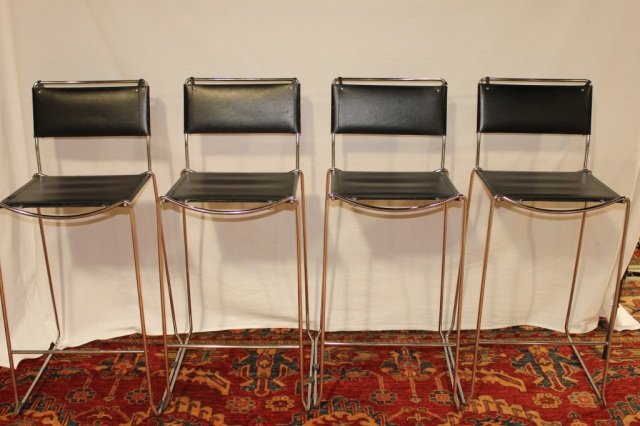 Set of 4 Black and Leather and Chrome Barstools: Height 28 inches Width 15 inches