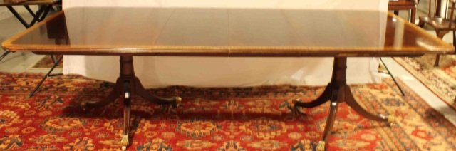 Stickley Mahogany Inlaid Two Pedestal Dining Table: Satinwood Inlaid Bonder