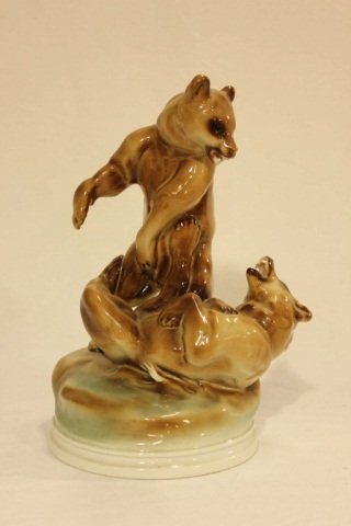 Zsolnay Porcelain Sculpture - Brown Bears: Height 12 inches