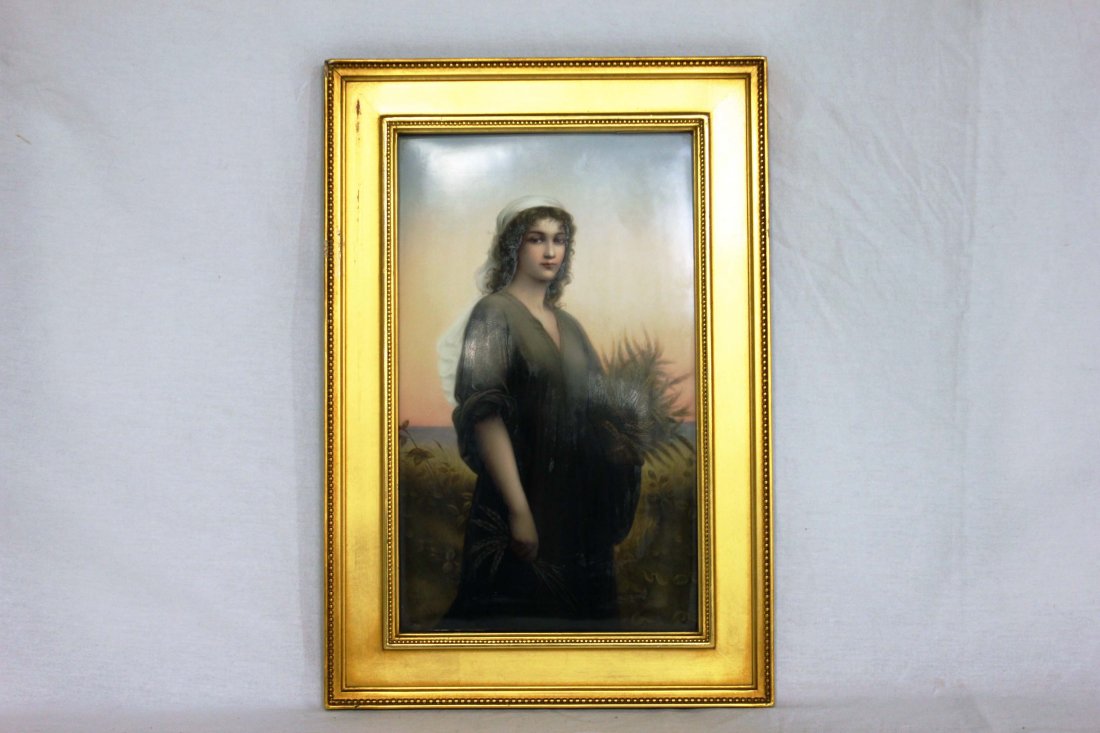 KPM Plaque - "Ruth" by Laudello: Height 13 inches Width 8 inches KPM plaque of a woman in rural landscape picking plants. Finely painted features on this pastoral landscape scene. KPM which stands for Konigliche Porzallen Manufaktur,
