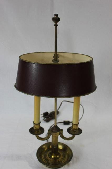 French Bronze 2 Light Boulliotte Lamp: With Red Tole Shade Height 21 inches Width 11 inches. Ideal for an end table, side table, or as desk lamp. Two arm candelabra.