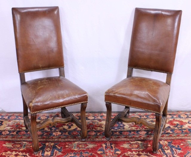 Pair of Italian Leather & Walnut Side Chairs: Pair of dining room buffet side or hall chairs. Italian style with leather and decorative stud nail heads.