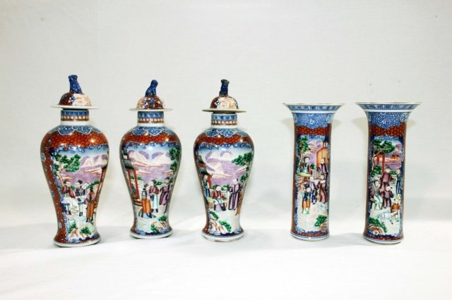 Five Piece Mandarin Chinese Garniture: Height without lid 8.5 inches. Three lidded urns and two vases.
