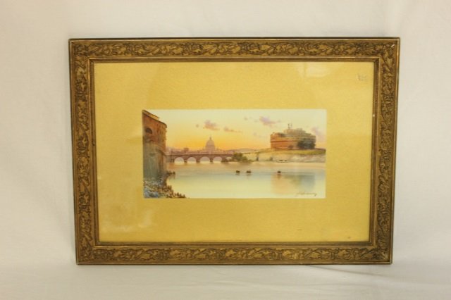 Watercolor - Saint Angelo: Signed lower right Height 6 inches Width 12 inches. Painted scene of arched bridge, city scape on right, island with Castel Sant'Angelo on right. Sunset. Signed, matted, and framed in gilt gold frame.