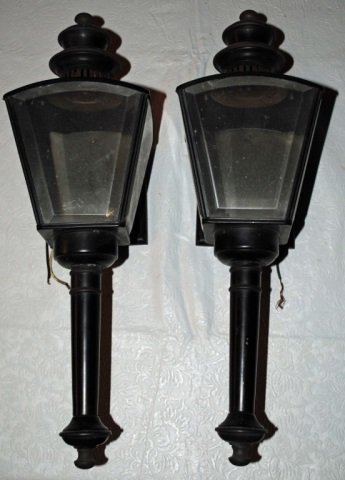 Pair of Vintage Carriage Lanterns: 18 inches long, window for light is 5 1/2 inches at widest point, 3 3/8 inches at most narrow point. Outdoor lighting for the porch, door sides, posts, garage door sides, etc.
