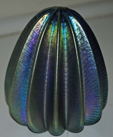 Large Favrile Glass Paperweight, Robert Held: Signed R. Held art glass and having paper label; favrile glass with blue swirl line design; 4 1/2 inches tall, approximately 4 inch base diameter. Signed art glass paperweight in the favrile glass sty
