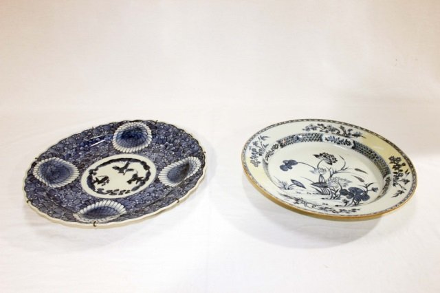 Two Chinese Blue and White Chargers: Diameter 15.2 inches and 16 inches. Asian wall chargers or cabinet plates. One with lotus flowers.