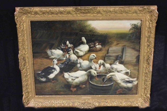 Oil Painting - Ducks in Barnyard, Signed: Height 22 inches Width 30 inches bears a signature, "Kolster", partially removed. Gilt frame.