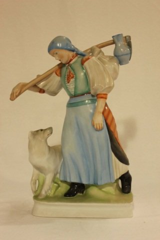 Zsolnay Porcelain Sculpture-Washer Woman with Dog: Height 12.5 inches