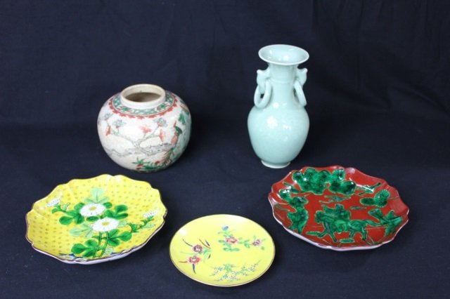 Group of Assorted Asian Table Articles: Three Dishes Diameter 6 Inches; Vase Height 6 1/2 Inches; Ginger Jar Height 4 1/2 Inches. Celadon two handle vase, three small dishes all with hand painted flowers, ginger jar.