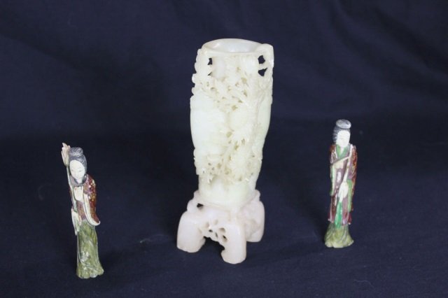 Pair of Carved Bone Chinese Figures and Vase: Height of figures: 4 inches Height of soapstone vase: 6 1/2 Inches