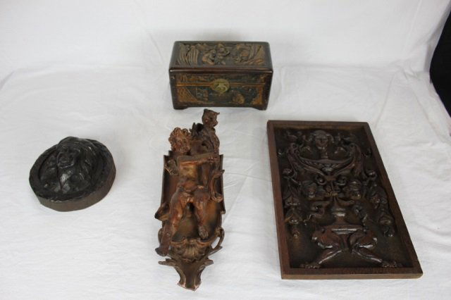 Collection of Antique Carved Wood Articles: Box 4 Inches; Cherub Height 15 Inches; Plaque Height 14 Inches. Cupid sconce, box, wall plaque and round wall ornament