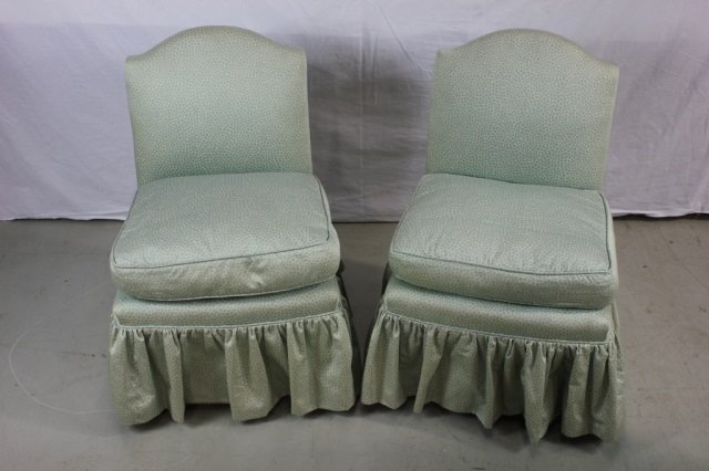 Pair of Green Slipper Chairs: Down Filled Height 28 inches Width 19 inches seat depth 16 inches