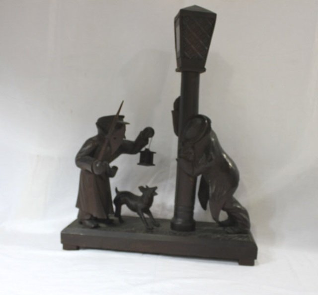 Carved Wood Folk Art Tramp Art Lamp Prohibition Era: Height 21 Inches Width 15 1/2 Inches Depth 5 1/2 Inches. Carved wood, folk art, tramp art, Americana. Prohibition era scene of drunk leaning against a lamp post, with police officer and dog. Can have 
