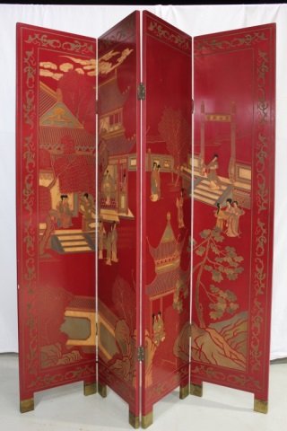 Chinese Four Panel Red Screen: Carved on Both Sides Height 6 feet each panel 16 inches. Scenes of people, pagodas, plants, etc