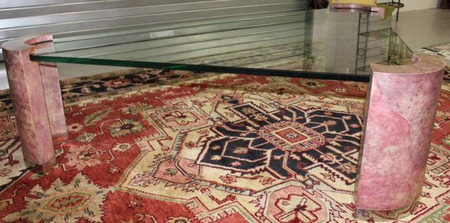 Karl Springer Glass Top Table: Triangular shape, faux marble ends; Length 56 inches Width 38 inches Height 16.5 inches