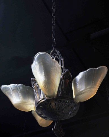 Art Deco Frosted Glass 4 Light Fixture: (One shade missing) Height 17 inches Diameter 18 inches