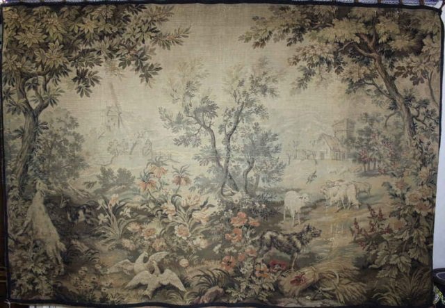 Massive Antique Machine Made Belgian Tapestry: Landscape scene. Aubusson style tapestry. Measures 8 feet 3 inches in length. Newly made pole with leaves at either end for display.
