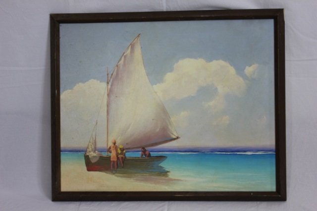 Oil Painting on Canvas Dominican Beach Juan Andujar: Width 29 Inches Length 23 Inches. This painting was purchased by our consignors and is inscribed to them on the back. Back reads " ESCENA (Playa de Boca Chica D.R.) articolo Vatnizado Juan Plutarco An