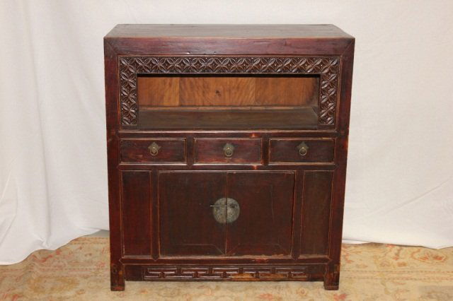 Chinese Teak 3 Drawer Cabinet: Red, having 2 doors; Height 41 inches Width 37 inches Depth 18 inches