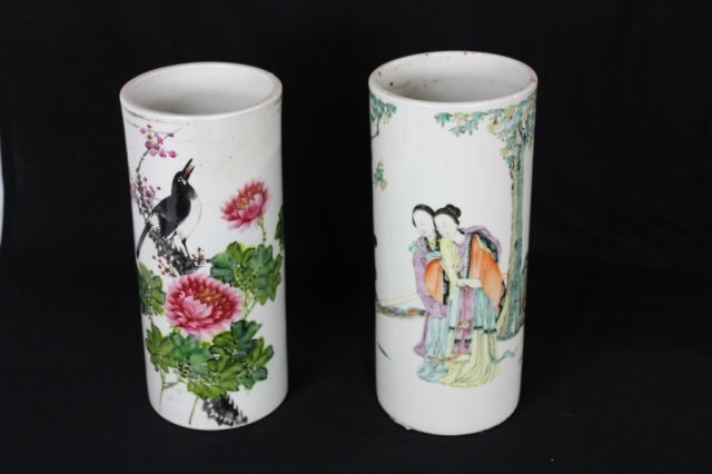 Two Chinese Porcelain Hat Stand Vases: Height 11 inches. One with figures and the second with bird motif.