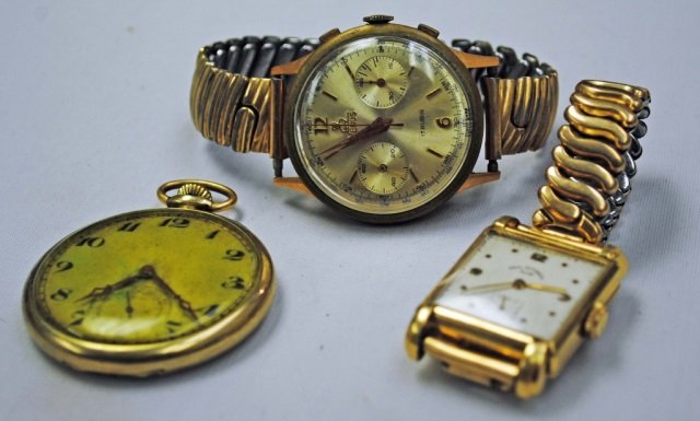 3 Gold and Gold Filled Watches: Venus 18K gold and metal men's watch with gold filled band, Men's Paul Ditisheim 14K gold filled watch and Wadsworth gold filled open pocket watch.