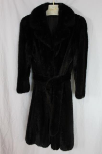 Women's Mid Length Mink Fur Coat w/ Belt Tie: Collar to shoulder is 7 inches. Shoulder to bottom hem is 44 inches.