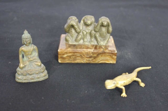 Group Of Three Small Sculptures: Monkey, Lizard, Buddha