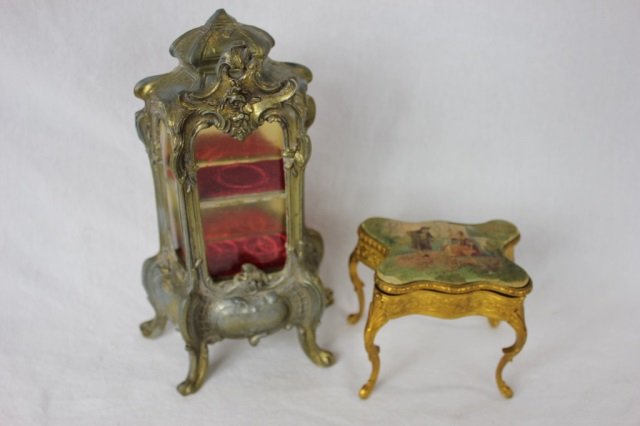 Dollhouse Fashion Doll Ormolu Silk Table & Curio: Curio height is 9 inches, width is 5.5 inches. Hand painted silk ormolu table height is 3.5 inches, width is 4 inches. Antique doll house miniature French or German fashion doll furniture.
