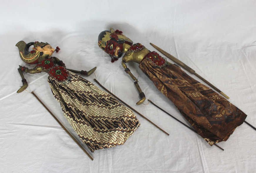 Two Asian Carved Hand Painted Marionette Puppets: 20th century one carved wood one Pottery heads, hand painted, embroidered.