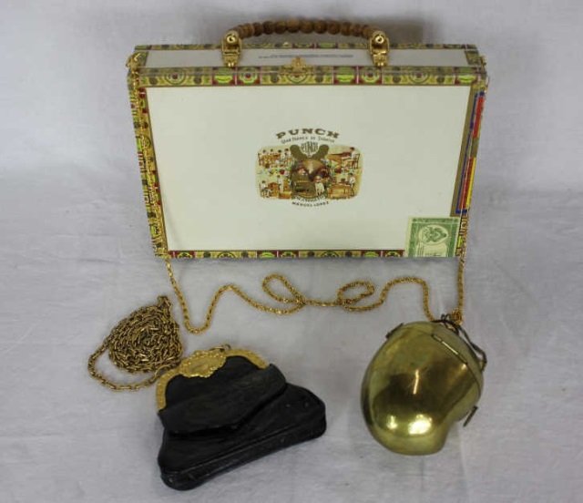 Vintage Purses -Cigar Box, Metal Pear, Black/ Gold: Cigar box 11 Inches by 8 Inches