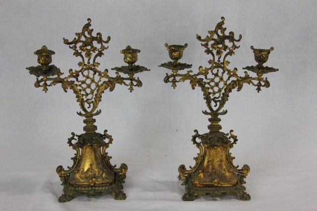 Pair of Gilt Bronze Ormolu French Rococo Candelabras: 14 Inches Tall