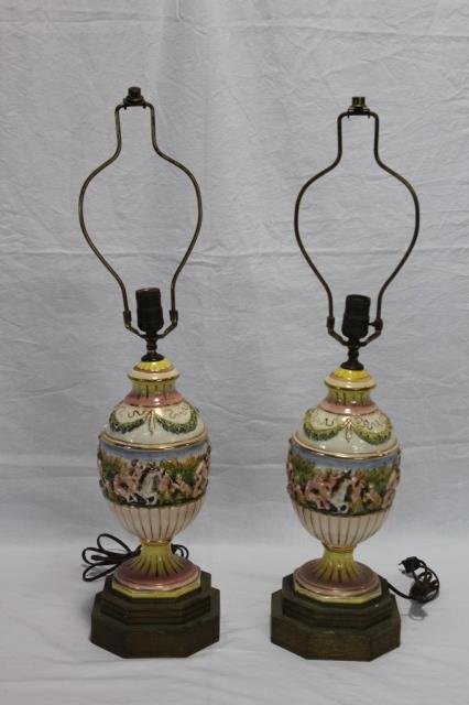 Pair of Capodimonte Porcelain Lamps w/ Cupids: Height 29 Inches Diameter 8 inches