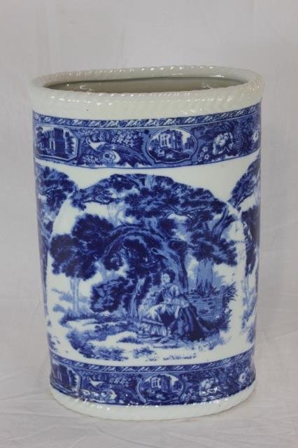 Porcelain Blue & White Umbrella Stand: Height 17 inches, width 12 inches, depth 7 inches.