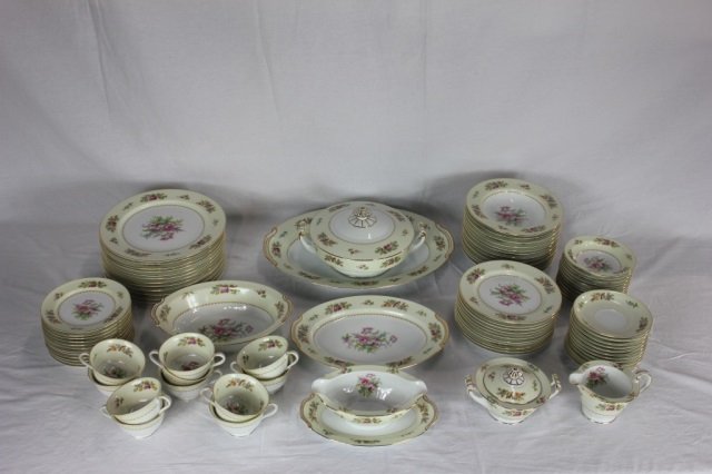 89 Piece Noritake China Dining Service for Twelve: 12 Dinner Plates. 12 Dessert Plates. 12 Soup Bowls. 11 Tea Cups. 12 Saucers. 11 Salad Plates. 12 Berry Bowls. 5 Serving Pieces. Creamer & Sugar.