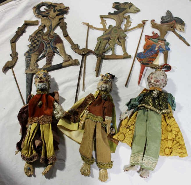 Group of Five Puppet Marionettes - 3 Handmade: 3 Handmade & 2 Wooden Indonesian.
