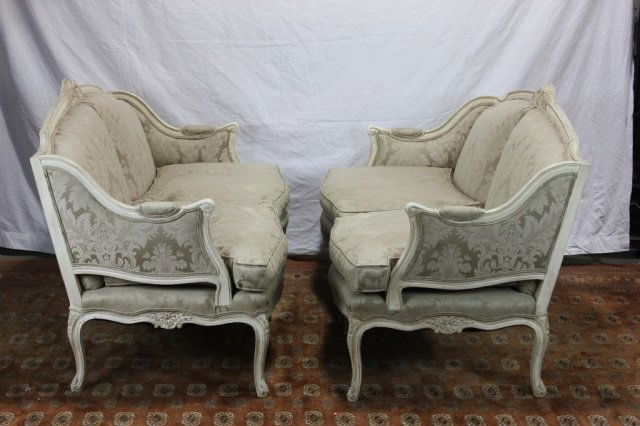 Pair French Country White Washed Down Filled Settees: Height 36 Inches Width 60 Inches Depth 29 Inches