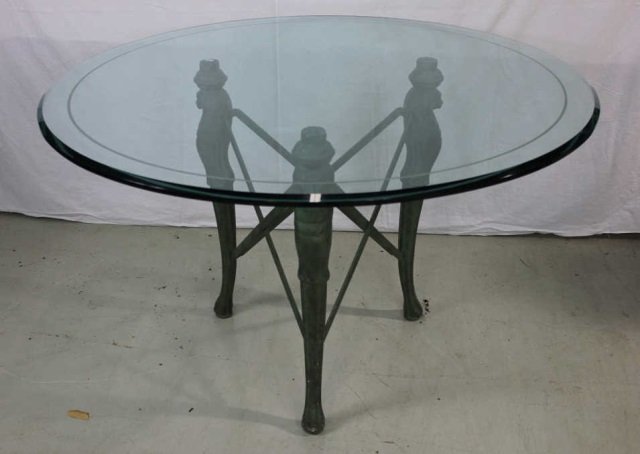 Contemporary Bronze Lion Head Table Base with Glass Top: Having 3 legs Height 29 Inches Diameter of glass 48 Inches