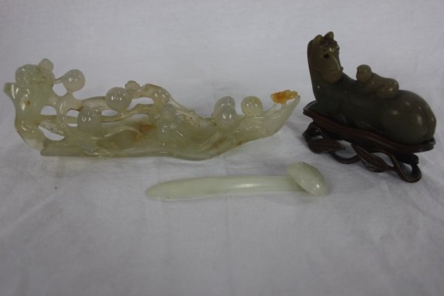 Agate Carved Leaf, Soapstone Stand & Jade Hair Pin: Agate Carved Leaf Length 7 Inches Height 2.5 Inches Soapstone Monkey on top of Horse with Teakwood Stand Length 3 Inches Height 2.5 Inches Jade Hair Pin Length 4 Inches
