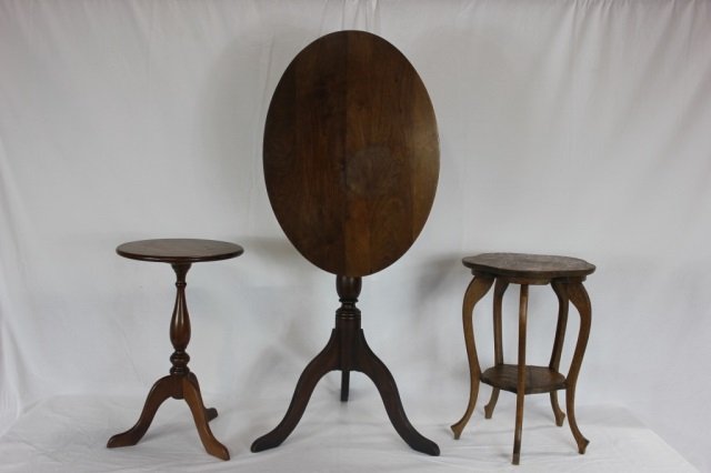 Group of Three Dark Wood Tables (Mahogany & Oak): Largest is 30 inches height. 25 inches width. 18 inches depth. Tilt top, Colonial style, Arts & Crafts.