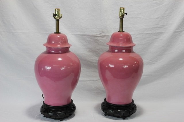 Pair of Pink Ginger Jar Lamps: Height 20 Inches Diameter 13 Inches
